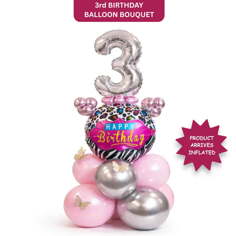 411012Pink3rdBalloonBouquet_10 Designer Pink & Silver Balloon Bouquet Arrangement with 3D Butterflies for 3rd Birthday - Image 1
