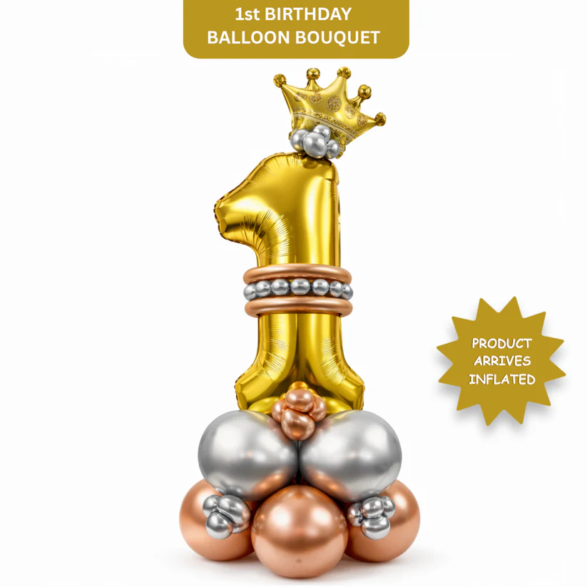 411022RoyalNumber1LargeGoldenBalloonBouquet_10_a437ceb2-ddb6-4cb0-9086-946391b5056d Royal 1st Birthday Large Golden Air Filled Balloon Bouquet Arrangement with Rose Gold & Silver Balloons - Image 1