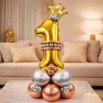 Royal 1st Birthday Large Golden Air Filled Balloon Bouquet Arrangement with Rose Gold & Silver Balloons - Image 2