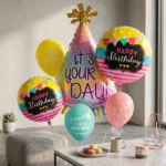 It’s Your Day Helium Balloon Set of 6 (Birthday Hat Supershape + 2 Happy Birthday Round Foil + 3 Printed Balloons) | Pre-Inflated & Delivered | Birthday Decoration - Image 2