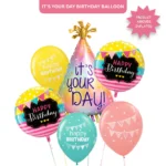 It’s Your Day Helium Balloon Set of 6 (Birthday Hat Supershape + 2 Happy Birthday Round Foil + 3 Printed Balloons) | Pre-Inflated & Delivered | Birthday Decoration