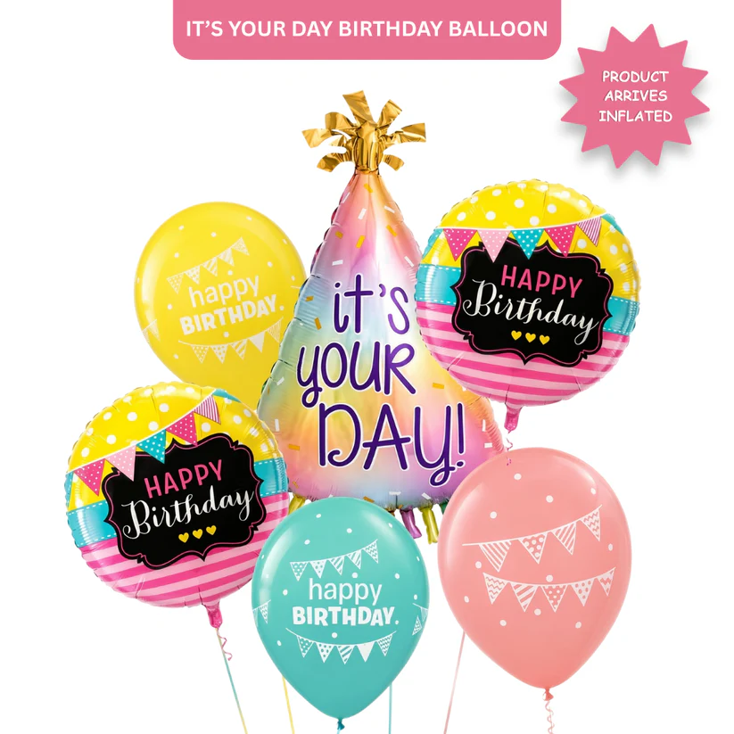 5002415It_sYourDayColorfulBirthdayHatFoilBalloons_8_05dfcf12-922d-47a3-b1a0-95c10ecc9089 It’s Your Day Helium Balloon Set of 6 (Birthday Hat Supershape + 2 Happy Birthday Round Foil + 3 Printed Balloons) | Pre-Inflated & Delivered | Birthday Decoration - Image 1