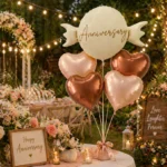 Happy Anniversary Candy Shape Helium Balloon Set of 5 (Candy Balloon + 2 Copper Heart + 2 Caramel Nude Heart Balloons) | Pre-Inflated & Delivered | Anniversary Decoration - Image 3