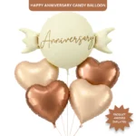 Happy Anniversary Candy Shape Helium Balloon Set of 5 (Candy Balloon + 2 Copper Heart + 2 Caramel Nude Heart Balloons) | Pre-Inflated & Delivered | Anniversary Decoration