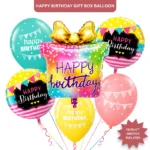 Happy Birthday Gift Box Helium Balloon Set of 6 (Supershape Gift Box + 2 Round Happy Birthday Foil 18 Inch + 3 Printed Balloons) | Pre-Inflated & Delivered | Birthday Decoration