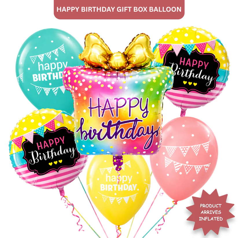 5002427HappyBirthdayGiftBoxFoilBalloonSet_1 Happy Birthday Gift Box Helium Balloon Set of 6 (Supershape Gift Box + 2 Round Happy Birthday Foil 18 Inch + 3 Printed Balloons) | Pre-Inflated & Delivered | Birthday Decoration - Image 1