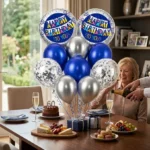 Happy Birthday Helium Balloon Set of 10 (2 Blue Bunting Flag Foil + 3 Dark Blue + 3 Silver + 2 Silver Confetti Balloons) | Pre-Inflated & Delivered | Birthday Decoration - Image 3