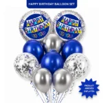 Happy Birthday Helium Balloon Set of 10 (2 Blue Bunting Flag Foil + 3 Dark Blue + 3 Silver + 2 Silver Confetti Balloons) | Pre-Inflated & Delivered | Birthday Decoration