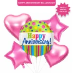 Happy Anniversary Helium Balloon Set of 5 (1 Round Anniversary 18 Inch + 2 Pink Heart + 2 Pink Star Balloons) | Pre-Inflated & Delivered | Anniversary Decoration