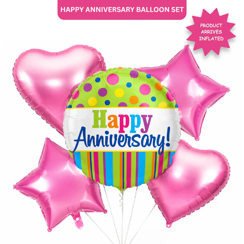 5002435HappyAnniversaryFoilBalloonSet_1 Happy Anniversary Helium Balloon Set of 5 (1 Round Anniversary 18 Inch + 2 Pink Heart + 2 Pink Star Balloons) | Pre-Inflated & Delivered | Anniversary Decoration - Image 1