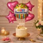 Happy Anniversary Helium Balloon Set of 5 (1 Round Anniversary 18 Inch + 2 Pink Heart + 2 Pink Star Balloons) | Pre-Inflated & Delivered | Anniversary Decoration - Image 2