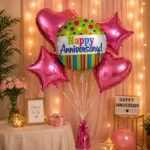 Happy Anniversary Helium Balloon Set of 5 (1 Round Anniversary 18 Inch + 2 Pink Heart + 2 Pink Star Balloons) | Pre-Inflated & Delivered | Anniversary Decoration - Image 3