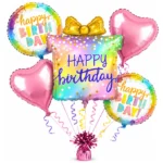 Colorful Gift Box Helium Balloon Set of 5 (Gift Box Supershape + 2 Heart Shaped + 2 Happy Birthday Printed Balloons) | Pre-Inflated & Delivered | Birthday Decoration - Image 2