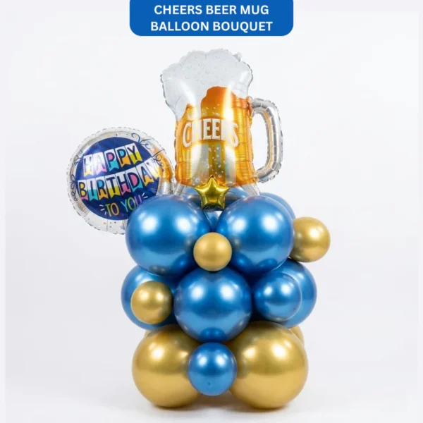 Eloquent Blue & Gold Cheers Beer Mug Air Filled Balloon Bouquet Arrangement