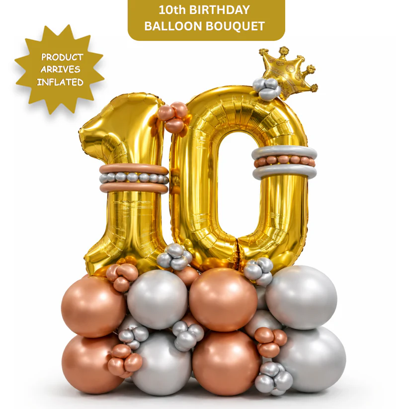 411031SignatureNumber10LargeGoldenBalloonBouquet_11 Signature 10th Birthday Large Golden Air Filled Balloon Bouquet Arrangement with Rose Gold & Silver Balloons - Image 1