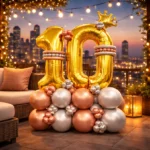 Signature 10th Birthday Large Golden Air Filled Balloon Bouquet Arrangement with Rose Gold & Silver Balloons - Image 2