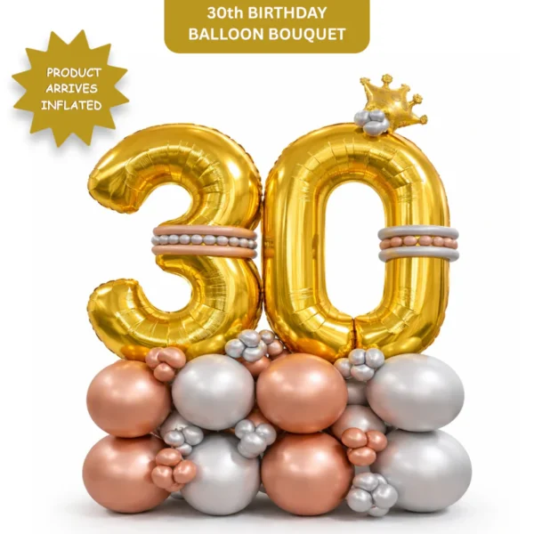 Signature 30th Birthday Large Golden Air Filled Balloon Bouquet Arrangement with Rose Gold & Silver Balloons