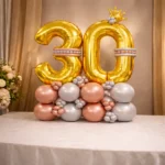 Signature 30th Birthday Large Golden Air Filled Balloon Bouquet Arrangement with Rose Gold & Silver Balloons - Image 2