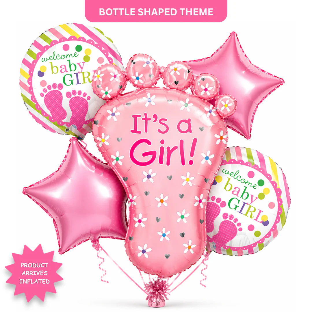 5002412It_saGirlBabyFeetBalloonSet_1 It’s a Girl Baby Feet Shaped Helium Balloon Set of 5 (Baby Feet + Welcome Baby Girl + Pink Star Balloons) | Pre-Inflated & Delivered | Baby Shower Decoration - Image 1