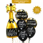 Starry Wine Bottle Helium Balloon Set of 6 (Wine Bottle + 2 Happy Birthday Round Foil + 3 Best Day Ever Black & White Balloons) | Pre-Inflated & Delivered | Birthday Decoration