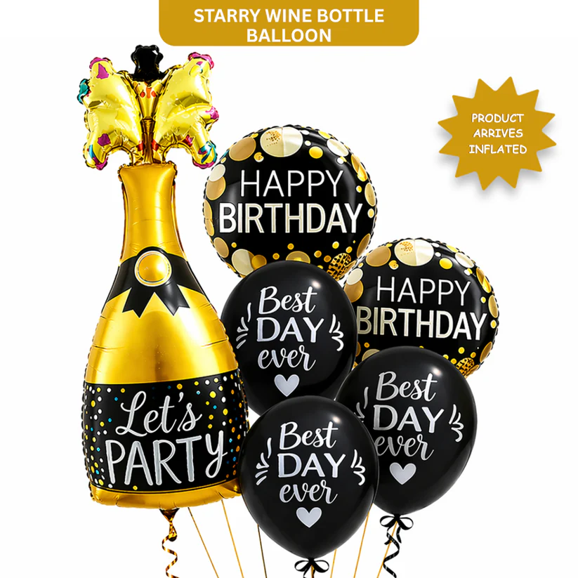 5002419StarryWineBottleBalloon_2 Starry Wine Bottle Helium Balloon Set of 6 (Wine Bottle + 2 Happy Birthday Round Foil + 3 Best Day Ever Black & White Balloons) | Pre-Inflated & Delivered | Birthday Decoration - Image 1