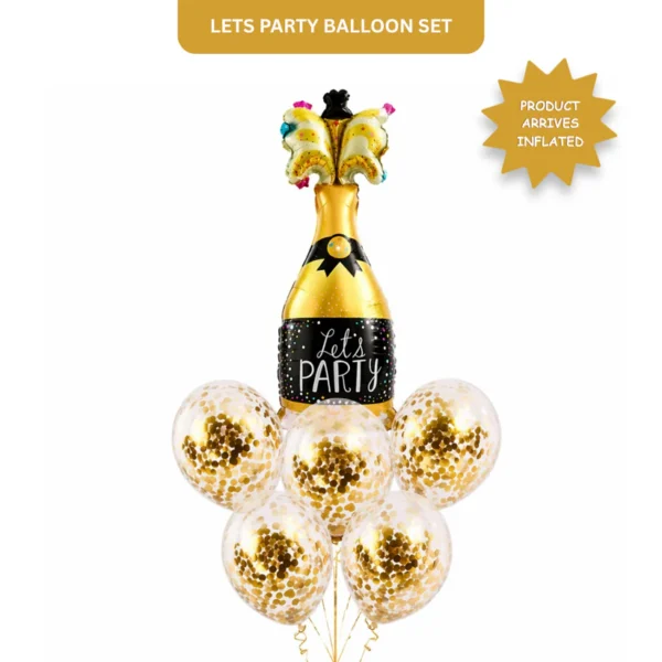 Let’s Party Champagne Glass Helium Balloon Set of 6 (1 Supershape Champagne + 5 Gold Confetti Balloons) | Pre-Inflated & Delivered | Celebration Decoration