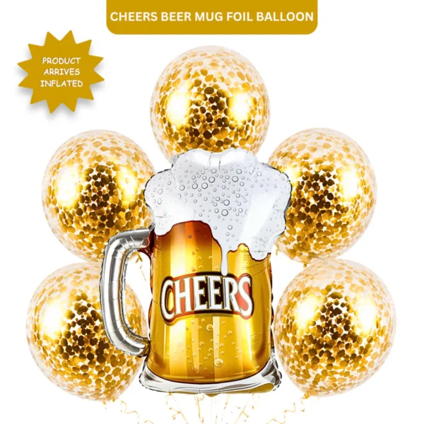 Cheers Beer Mug Helium Balloon Set of 6 (Beer Mug Supershape + Gold Confetti Balloons) | Pre-Inflated & Delivered