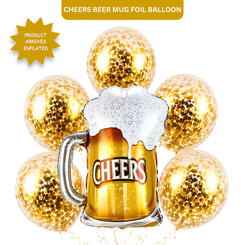 5002422CheersBeerMugSupershapeFoilBalloonSet_10 Cheers Beer Mug Helium Balloon Set of 6 (Beer Mug Supershape + Gold Confetti Balloons) | Pre-Inflated & Delivered - Image 1