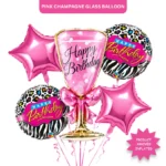 Pink Champagne Glass Helium Balloon Set of 5 (Supershape Champagne Glass + 2 Pink Happy Birthday + 2 Pink Star Balloons) | Pre-Inflated & Delivered | Birthday Decoration