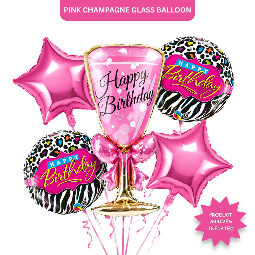 5002424PinkChampagneGlassFoilBalloonSet_2 Pink Champagne Glass Helium Balloon Set of 5 (Supershape Champagne Glass + 2 Pink Happy Birthday + 2 Pink Star Balloons) | Pre-Inflated & Delivered | Birthday Decoration - Image 1