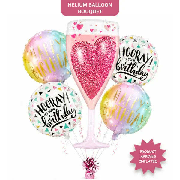 Pink Champagne Glass Helium Balloon Set of 5 (Champagne Supershape + Birthday Balloons) | Pre-Inflated & Delivered | Birthday Decoration