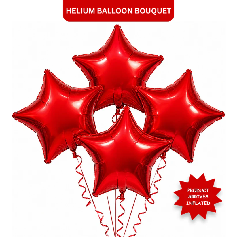 H801789RedStarShapedFoilBalloon_1 Red Star Shape Foil Balloons (18 Inch, Pack of 4) Helium Filled & Delivered Inflated - Image 1
